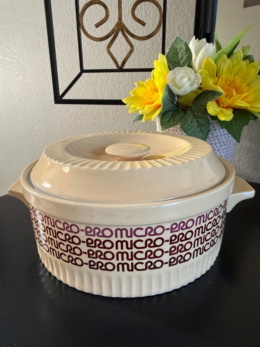 Vintage 1980’s Ceramic Covered Casserole - Cream with Purple Accent